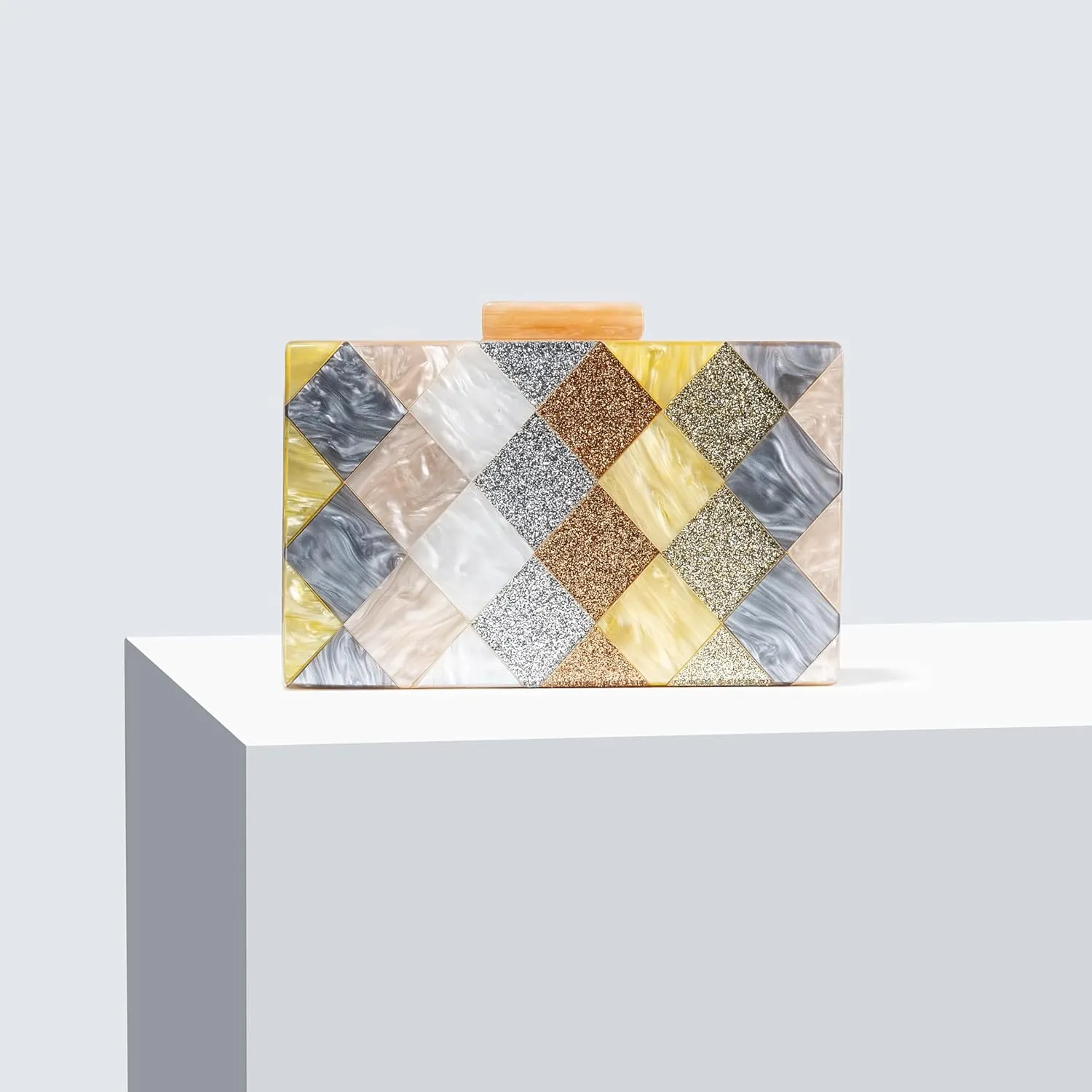Women Acrylic Diamond Clutch Marbled Shining Square Box Handbag Smooth Chic Shoulder Handbag for Party Prom Club