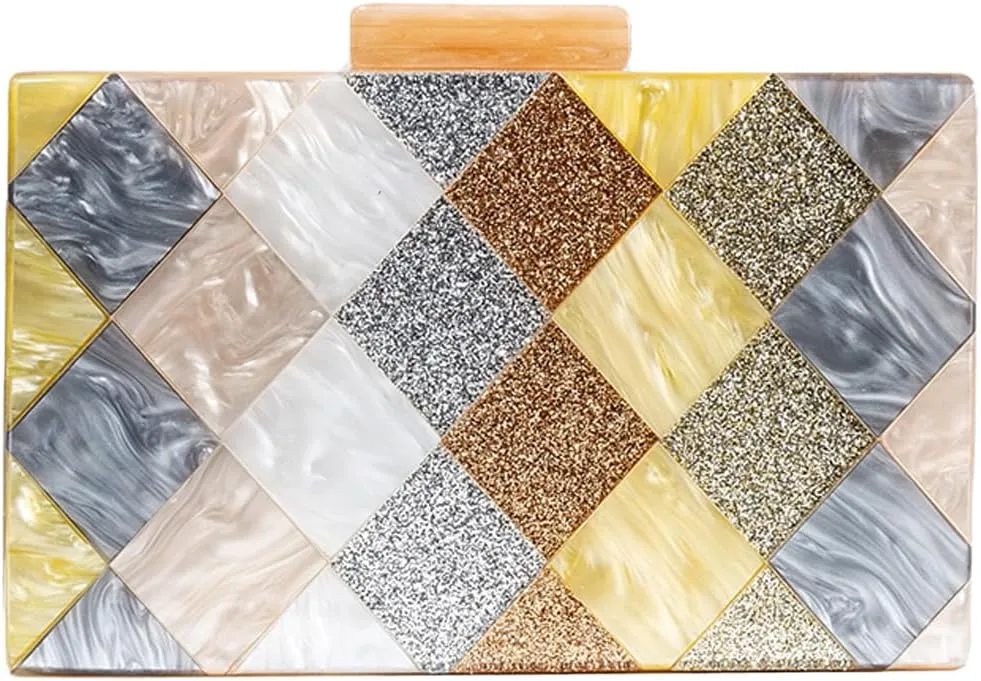 Women Acrylic Diamond Clutch Marbled Shining Square Box Handbag Smooth Chic Shoulder Handbag for Party Prom Club