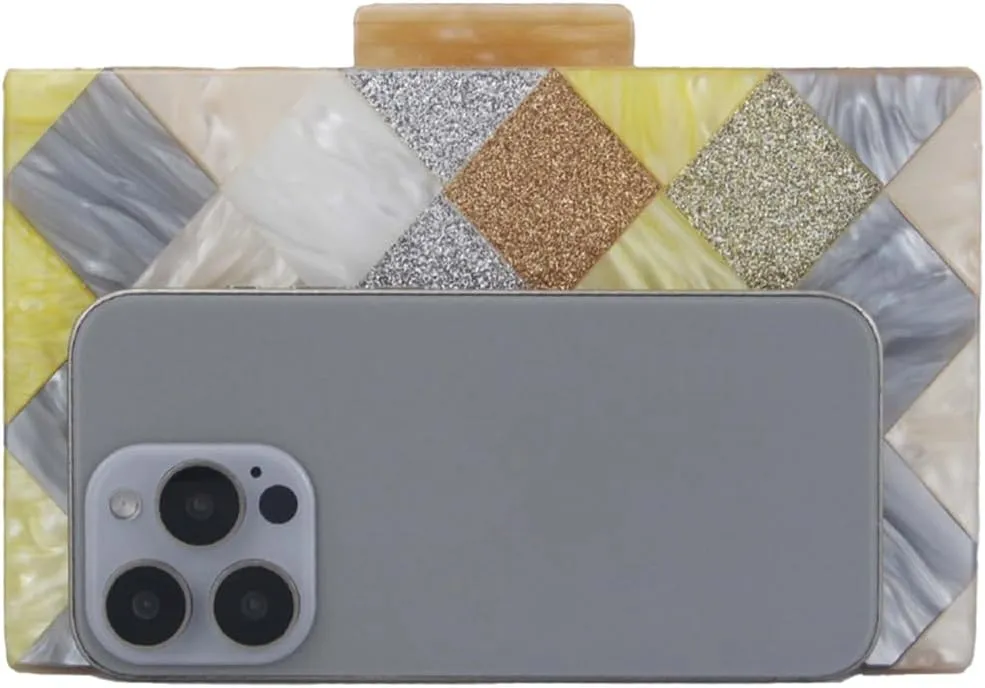 Women Acrylic Diamond Clutch Marbled Shining Square Box Handbag Smooth Chic Shoulder Handbag for Party Prom Club
