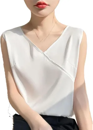 Women Artificial Silk Satin Thin V-Neck Tank Tops Collar Smooth Camisole Basic Model Silky Camis