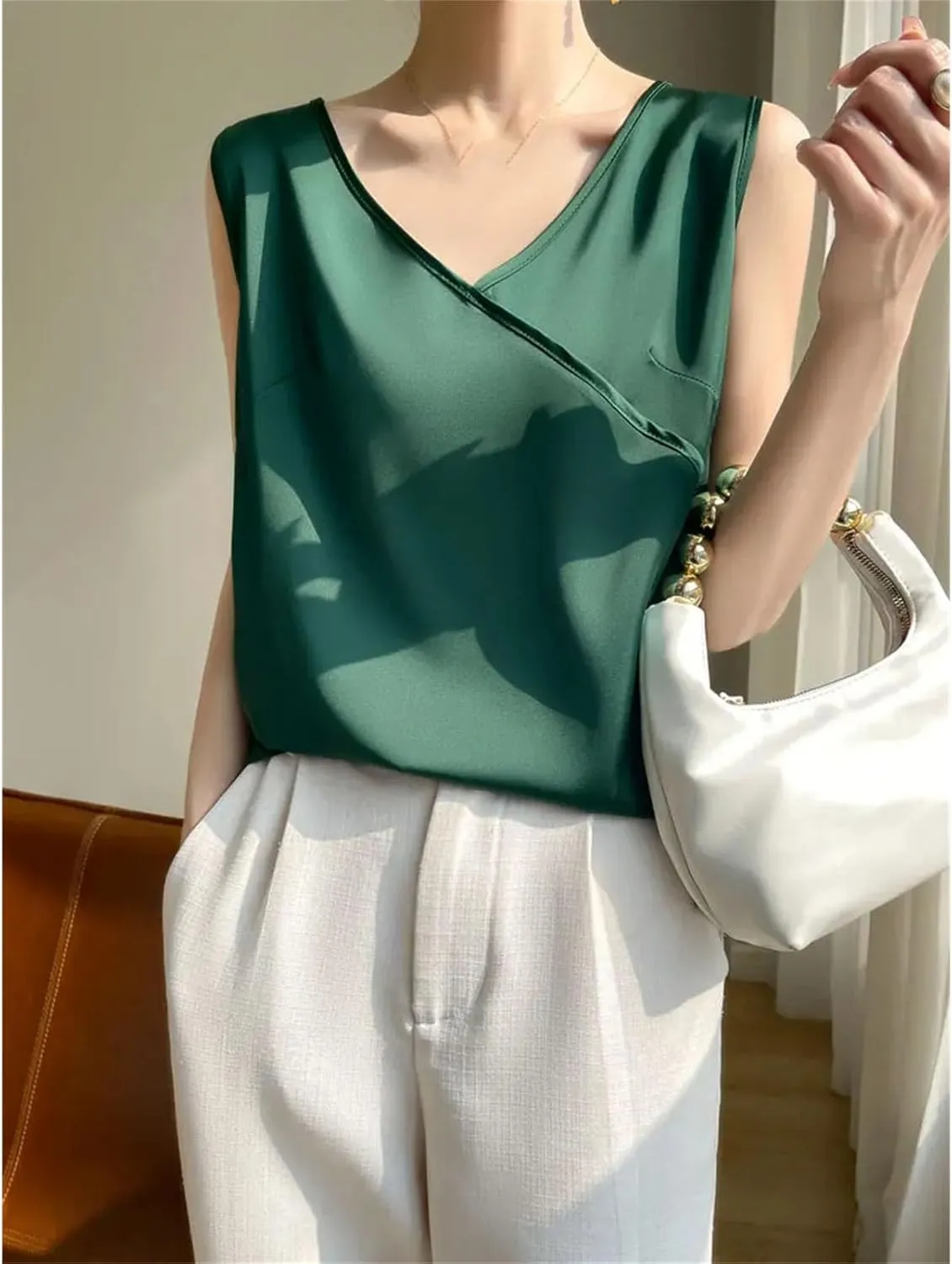 Women Artificial Silk Satin Thin V-Neck Tank Tops Collar Smooth Camisole Basic Model Silky Camis