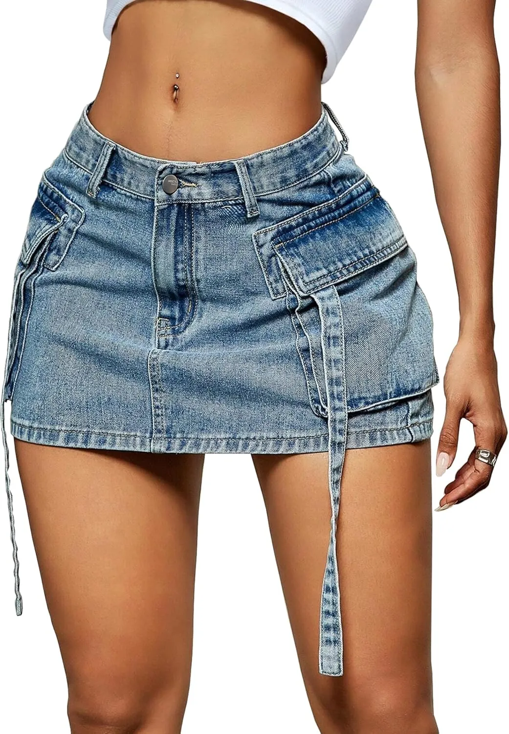 Women Cargo Skirt Denim Mini Low Waist Y2K Jean Skirts with Pockets