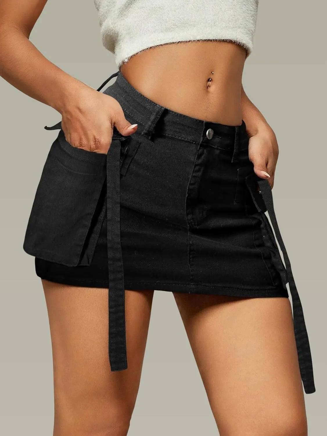 Women Cargo Skirt Denim Mini Low Waist Y2K Jean Skirts with Pockets