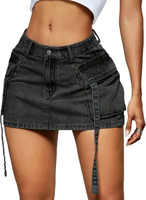 Women Cargo Skirt Denim Mini Low Waist Y2K Jean Skirts with Pockets