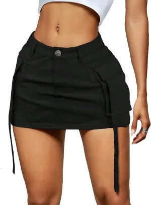 Women Cargo Skirt Denim Mini Low Waist Y2K Jean Skirts with Pockets