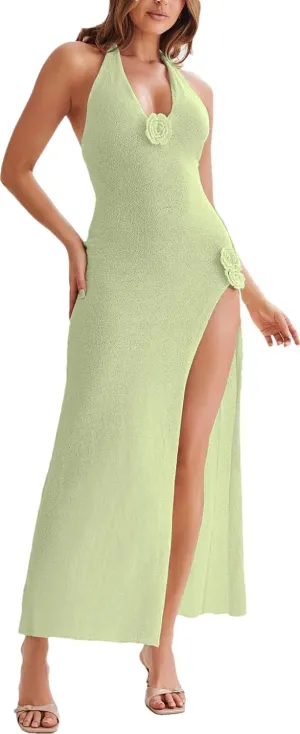 Women Sexy Backless See Through Knitted 3D Embroidery Dresses V-Neck Open Leg Sleeveless Halter Gown