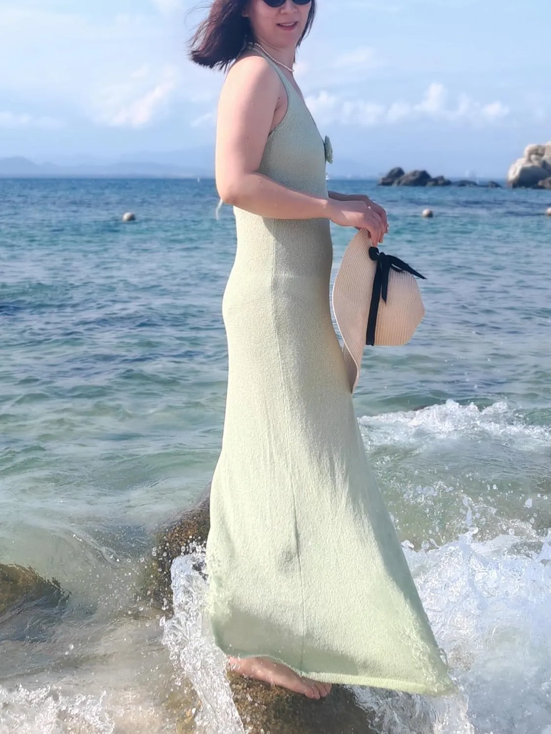 Women Sexy Backless See Through Knitted 3D Embroidery Dresses V-Neck Open Leg Sleeveless Halter Gown
