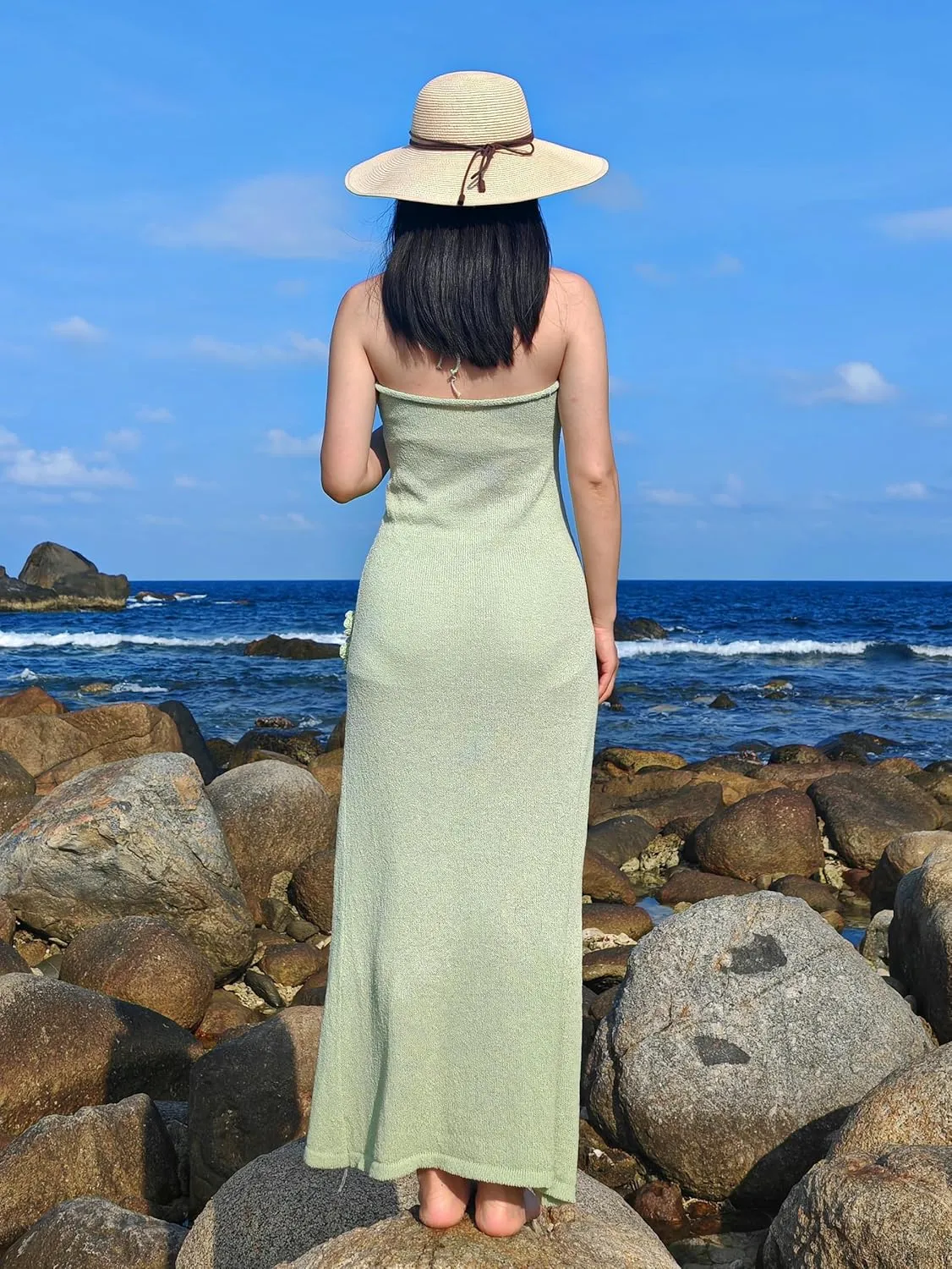 Women Sexy Backless See Through Knitted 3D Embroidery Dresses V-Neck Open Leg Sleeveless Halter Gown