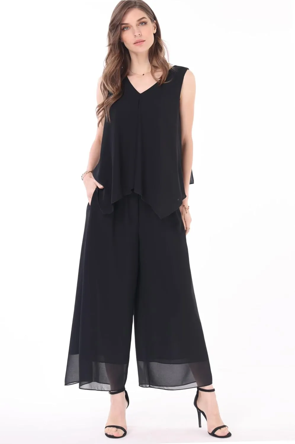 Women's 2 Piece Chiffon Sets Outfits Flowy Summer Casual Dressy Pantsuits Double Layers Blouse Capris Pants Suits