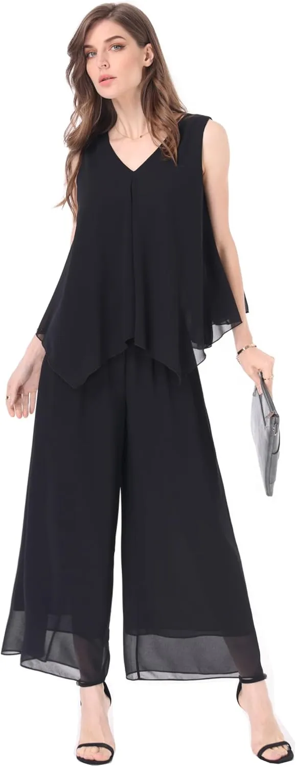 Women's 2 Piece Chiffon Sets Outfits Flowy Summer Casual Dressy Pantsuits Double Layers Blouse Capris Pants Suits