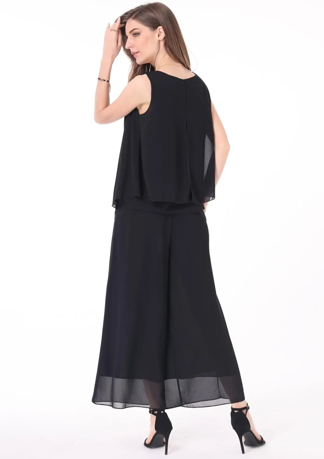 Women's 2 Piece Chiffon Sets Outfits Flowy Summer Casual Dressy Pantsuits Double Layers Blouse Capris Pants Suits