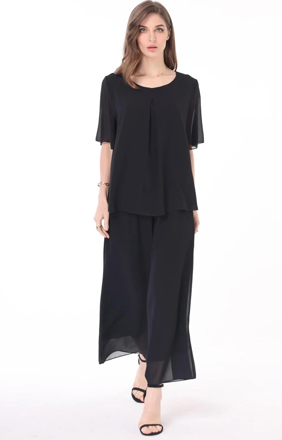 Women's 2 Piece Chiffon Sets Outfits Flowy Summer Casual Dressy Pantsuits Double Layers Blouse Capris Pants Suits