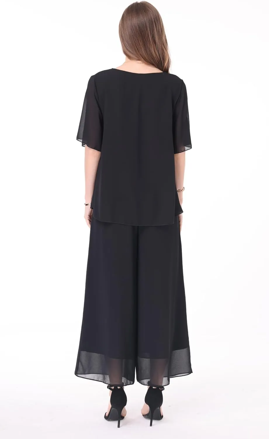 Women's 2 Piece Chiffon Sets Outfits Flowy Summer Casual Dressy Pantsuits Double Layers Blouse Capris Pants Suits