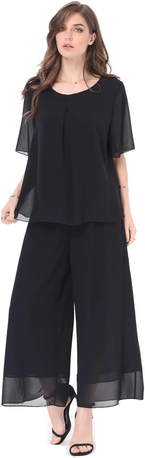 Women's 2 Piece Chiffon Sets Outfits Flowy Summer Casual Dressy Pantsuits Double Layers Blouse Capris Pants Suits