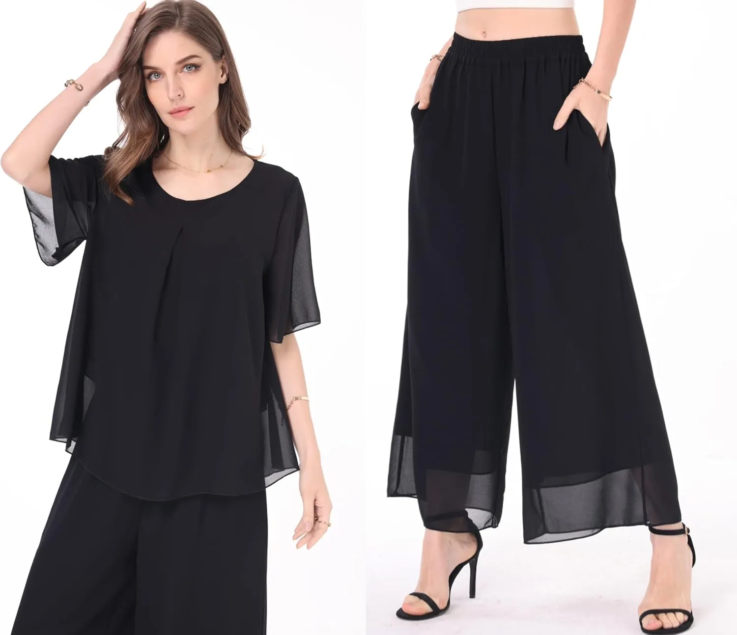 Women's 2 Piece Chiffon Sets Outfits Flowy Summer Casual Dressy Pantsuits Double Layers Blouse Capris Pants Suits