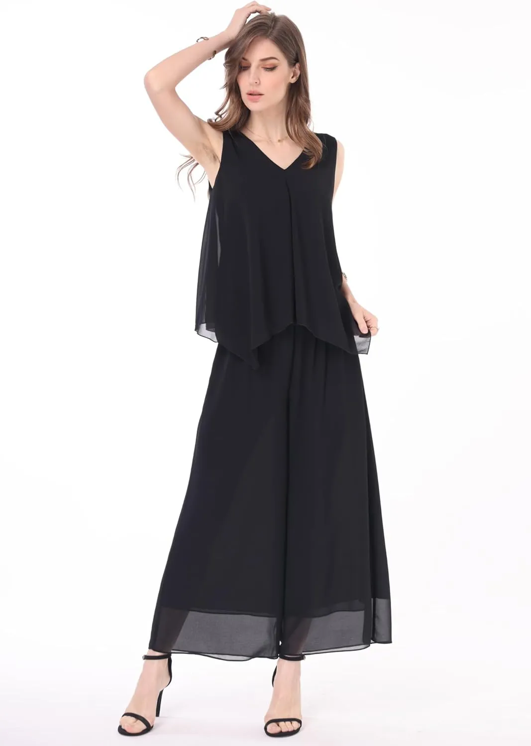 Women's 2 Piece Chiffon Sets Outfits Flowy Summer Casual Dressy Pantsuits Double Layers Blouse Capris Pants Suits