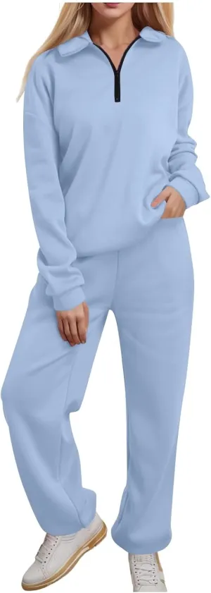Womens 2 Piece Outfits Lounge Half Zip Hoodie Sweatsuit Sets Oversized Sweatshirt Baggy Fall Fashion Sweatpants A-Light Blue