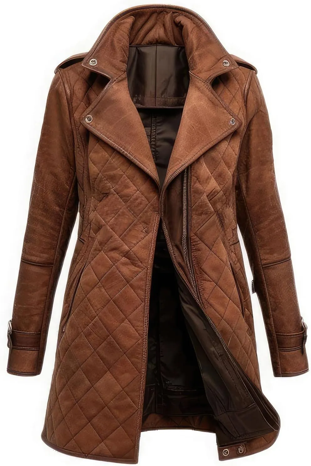 Women's brown genuine suede coat with elegant lapel collar and smooth zipper sewn in soft diamond mid length