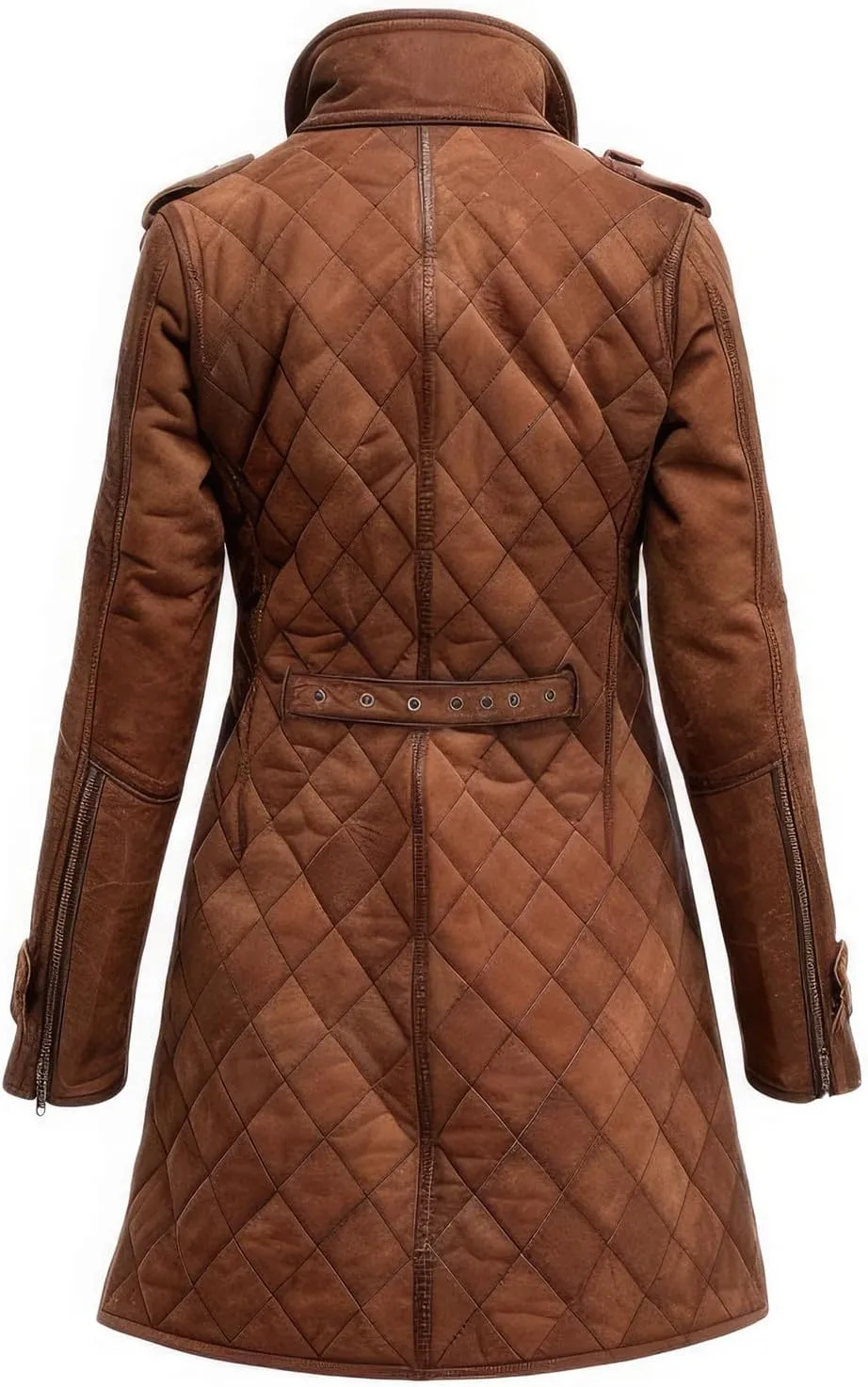 Women's brown genuine suede coat with elegant lapel collar and smooth zipper sewn in soft diamond mid length