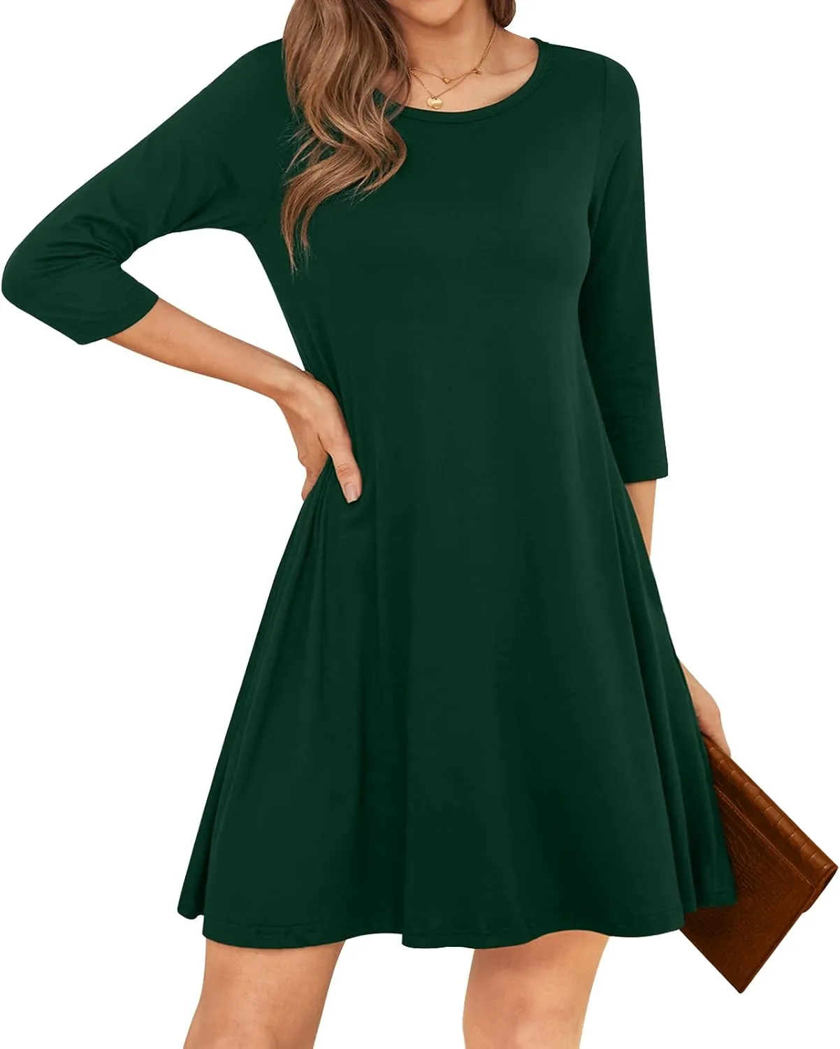 Womens Casual 3/4 Sleeve Dresses Aline Crewneck Spring Tshirt Dress with Pocket