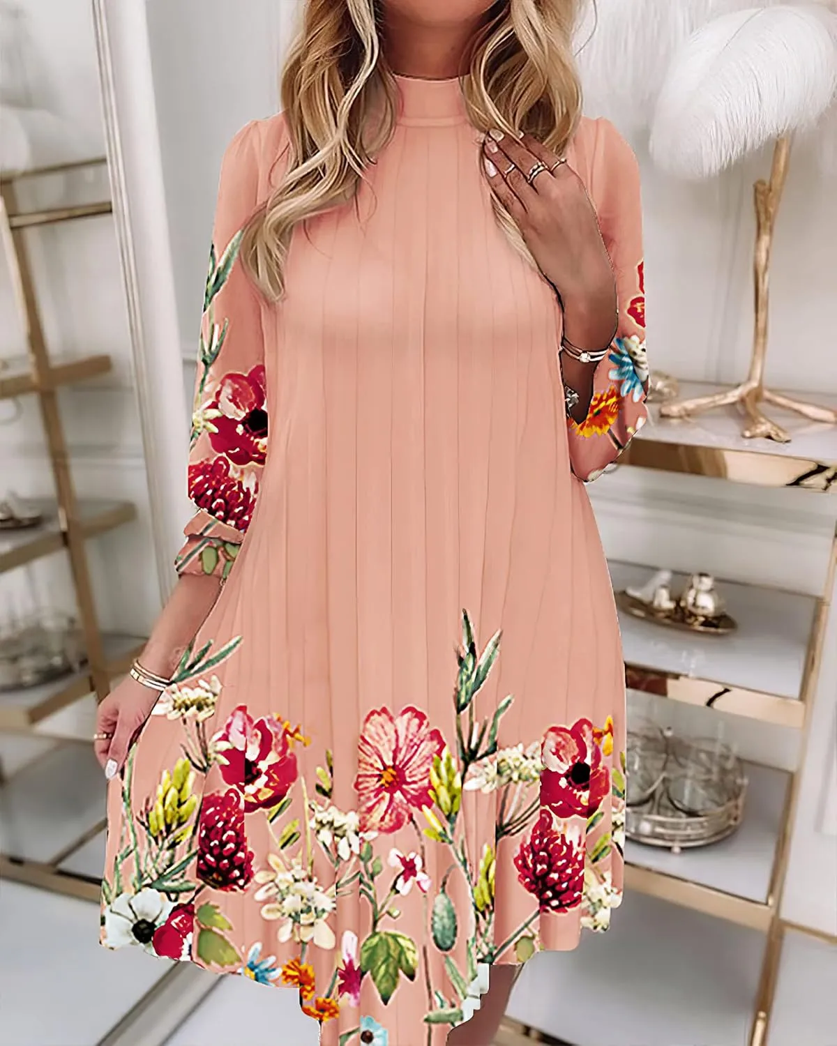Women's Casual Butterfly Floral 3/4 Sleeve Pleated Ruffle Dress Loose Swing Boho Mini Sundress
