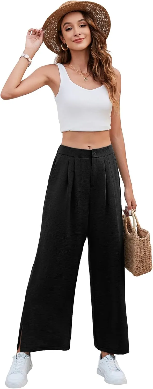 Women's Casual Wide Leg Pants Elastic High Waist Button Up Capri Palazzo Trousers with Pockets