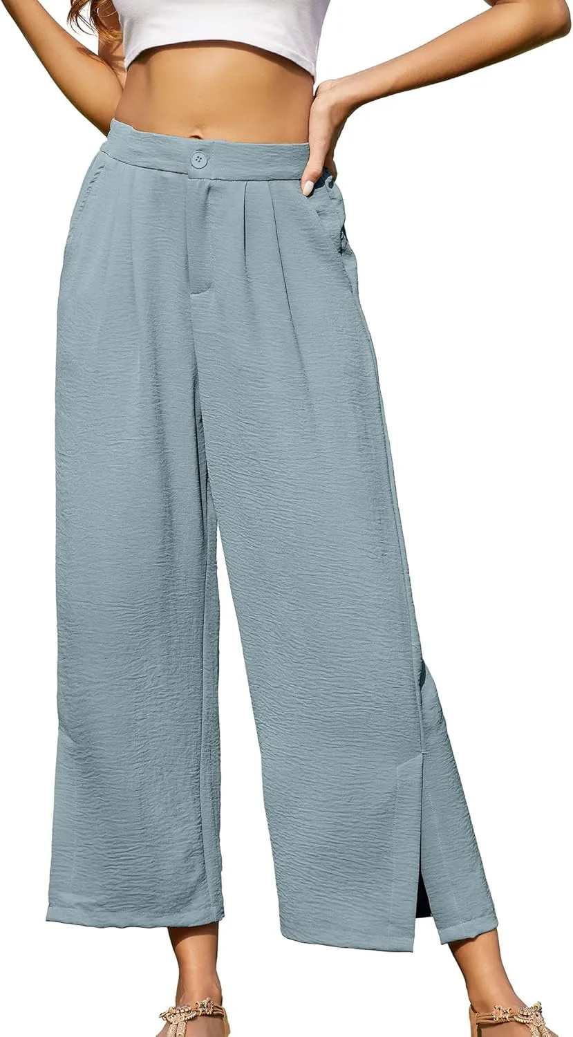 Women's Casual Wide Leg Pants Elastic High Waist Button Up Capri Palazzo Trousers with Pockets