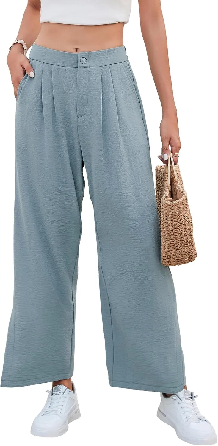 Women's Casual Wide Leg Pants Elastic High Waist Button Up Capri Palazzo Trousers with Pockets