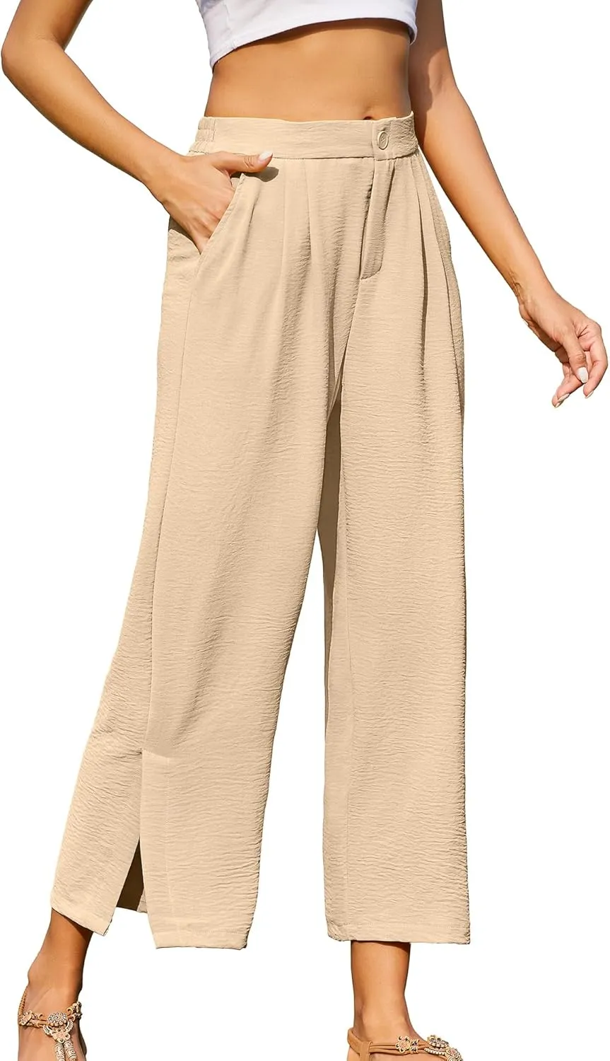 Women's Casual Wide Leg Pants Elastic High Waist Button Up Capri Palazzo Trousers with Pockets