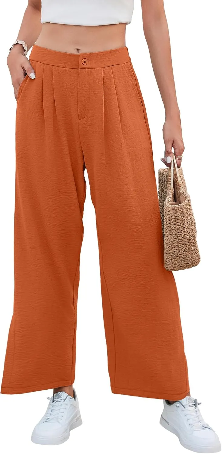 Women's Casual Wide Leg Pants Elastic High Waist Button Up Capri Palazzo Trousers with Pockets