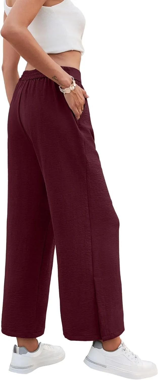 Women's Casual Wide Leg Pants Elastic High Waist Button Up Capri Palazzo Trousers with Pockets