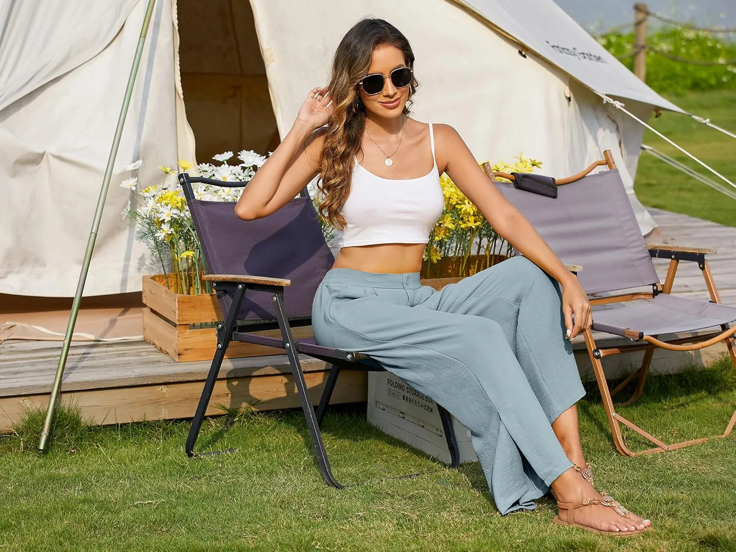 Women's Casual Wide Leg Pants Elastic High Waist Button Up Capri Palazzo Trousers with Pockets