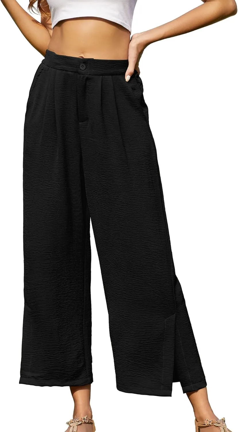 Women's Casual Wide Leg Pants Elastic High Waist Button Up Capri Palazzo Trousers with Pockets