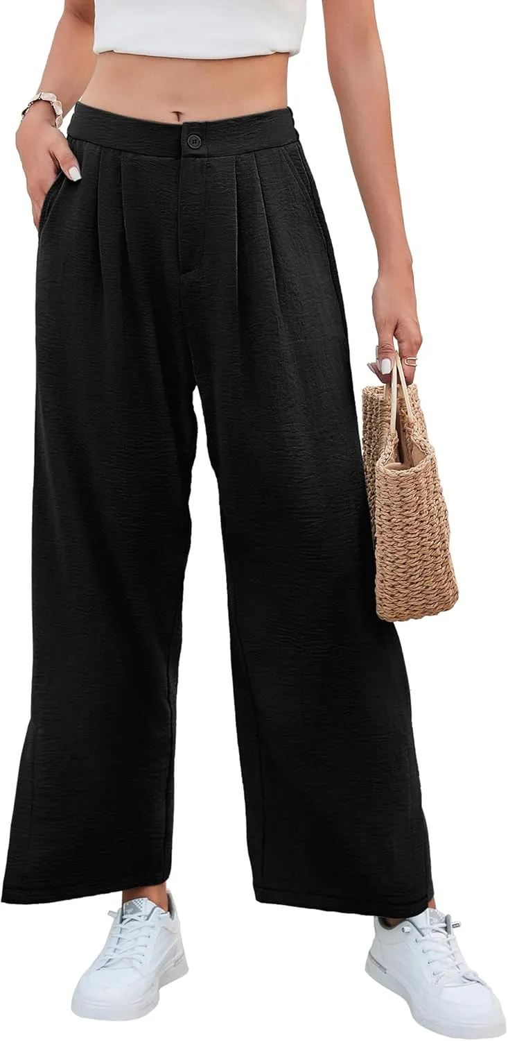 Women's Casual Wide Leg Pants Elastic High Waist Button Up Capri Palazzo Trousers with Pockets