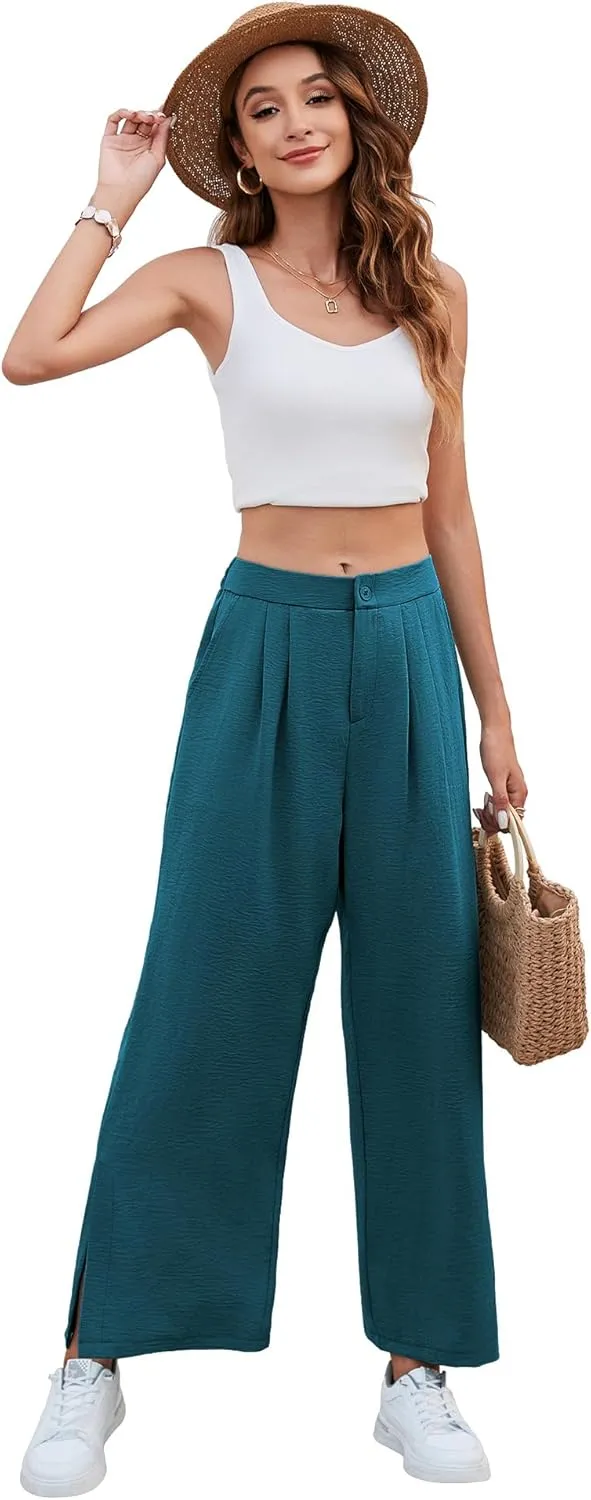 Women's Casual Wide Leg Pants Elastic High Waist Button Up Capri Palazzo Trousers with Pockets
