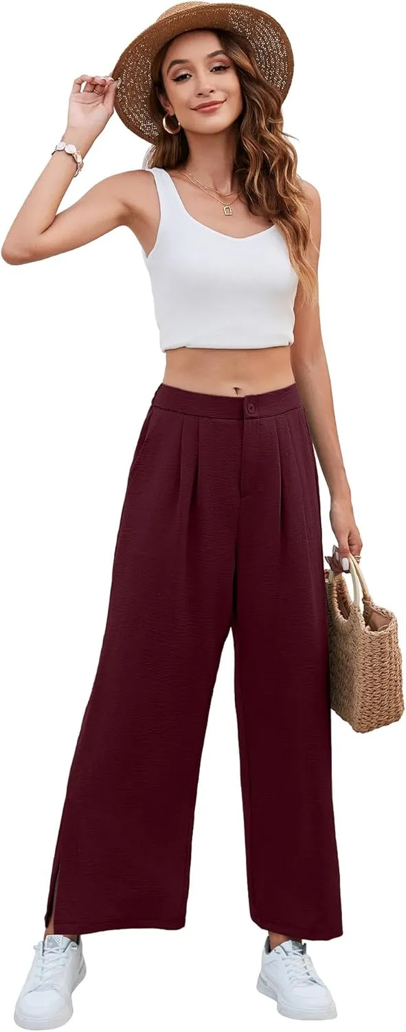 Women's Casual Wide Leg Pants Elastic High Waist Button Up Capri Palazzo Trousers with Pockets