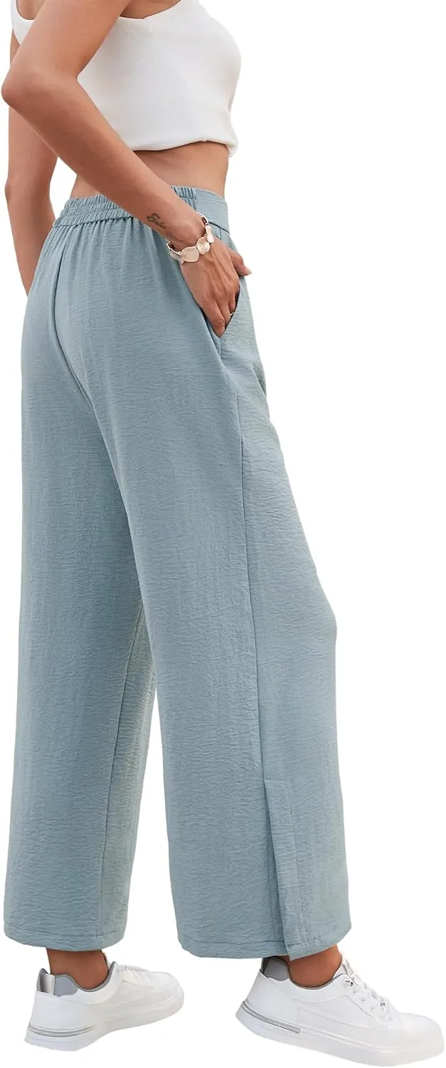 Women's Casual Wide Leg Pants Elastic High Waist Button Up Capri Palazzo Trousers with Pockets