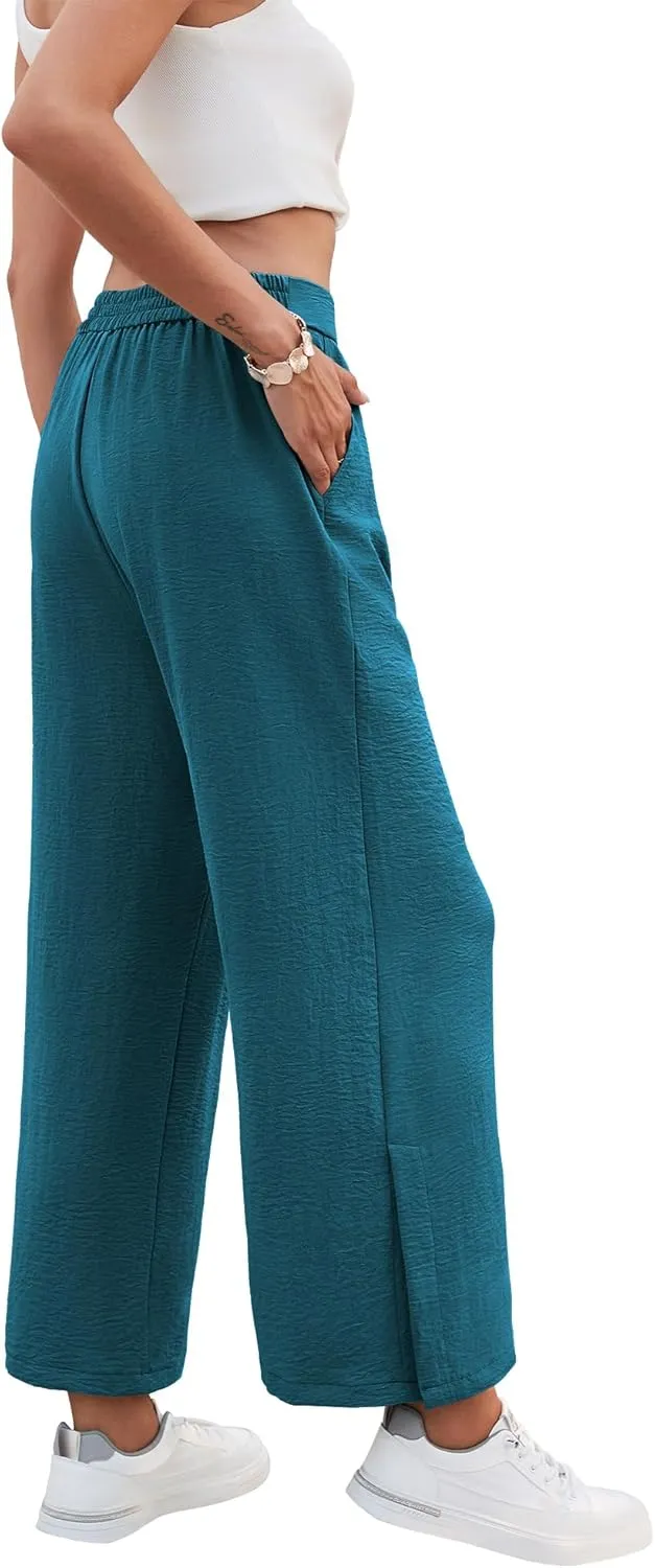 Women's Casual Wide Leg Pants Elastic High Waist Button Up Capri Palazzo Trousers with Pockets