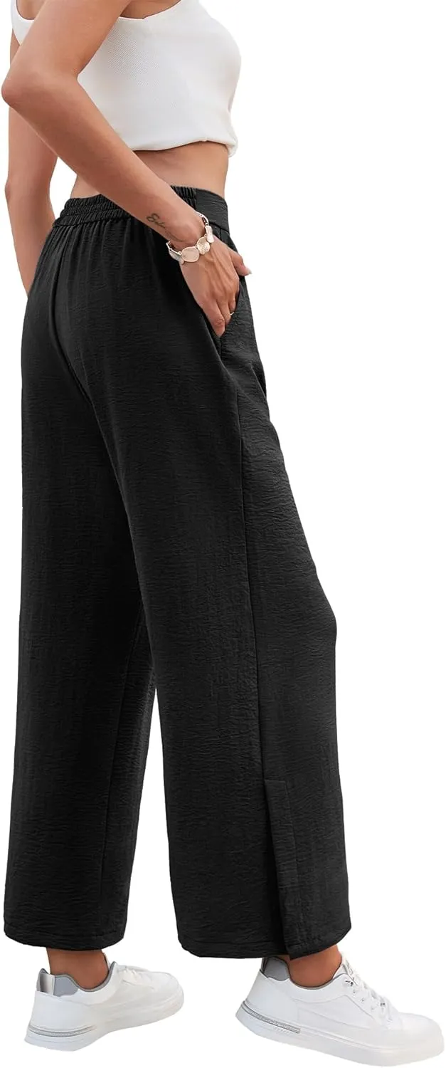 Women's Casual Wide Leg Pants Elastic High Waist Button Up Capri Palazzo Trousers with Pockets