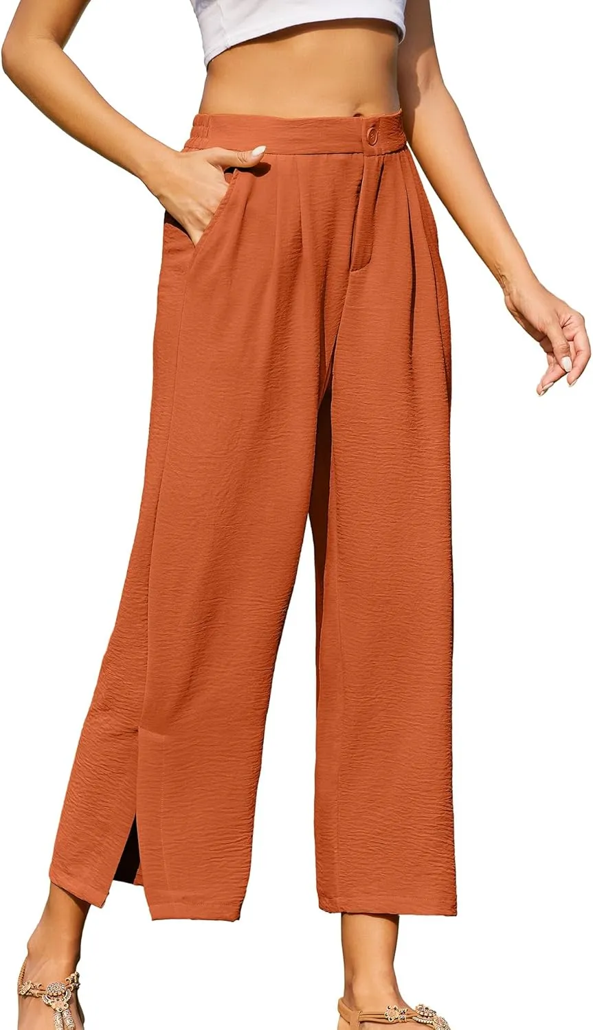 Women's Casual Wide Leg Pants Elastic High Waist Button Up Capri Palazzo Trousers with Pockets