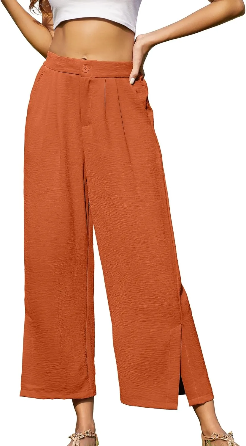 Women's Casual Wide Leg Pants Elastic High Waist Button Up Capri Palazzo Trousers with Pockets