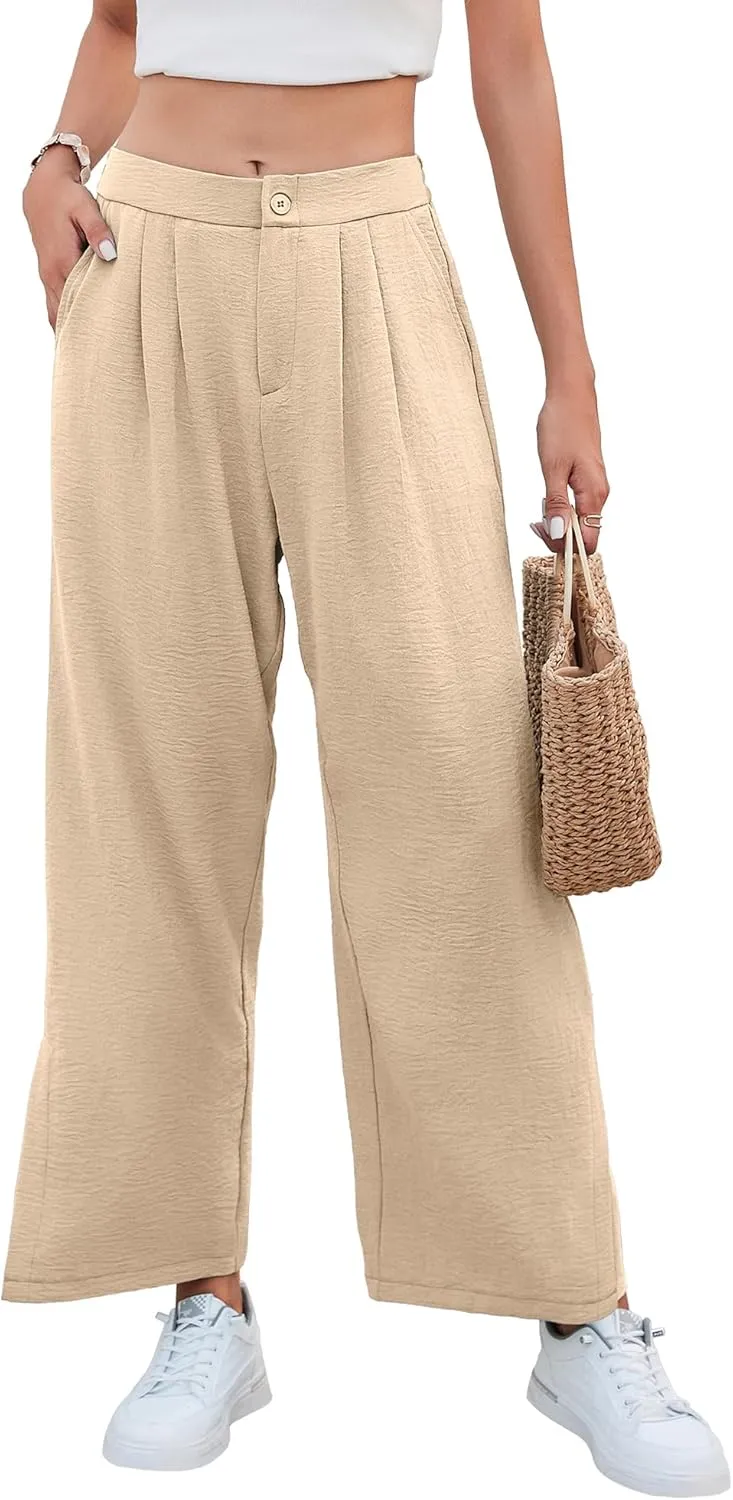 Women's Casual Wide Leg Pants Elastic High Waist Button Up Capri Palazzo Trousers with Pockets