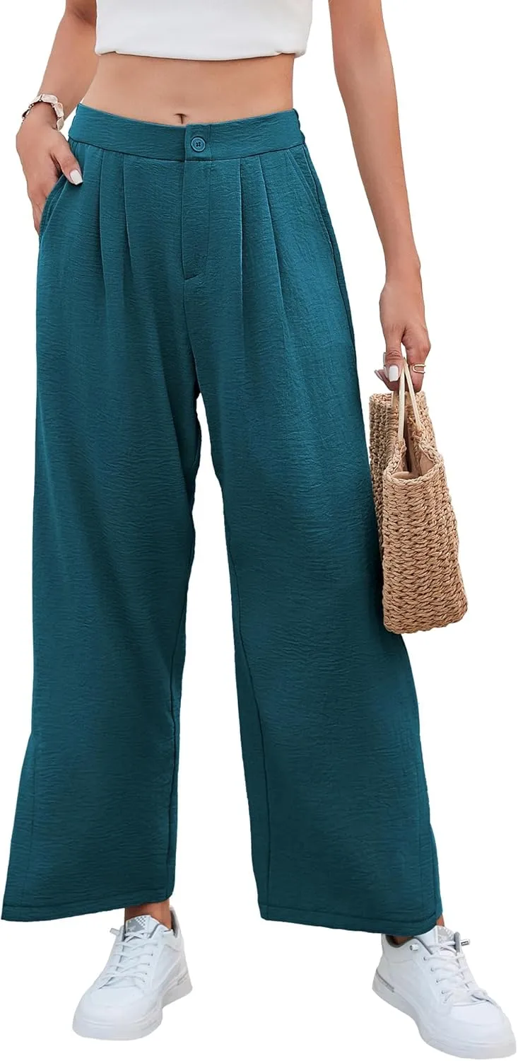 Women's Casual Wide Leg Pants Elastic High Waist Button Up Capri Palazzo Trousers with Pockets
