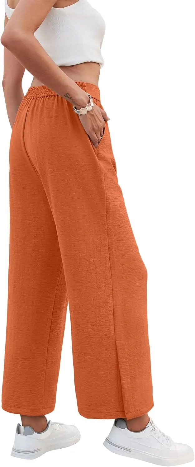 Women's Casual Wide Leg Pants Elastic High Waist Button Up Capri Palazzo Trousers with Pockets