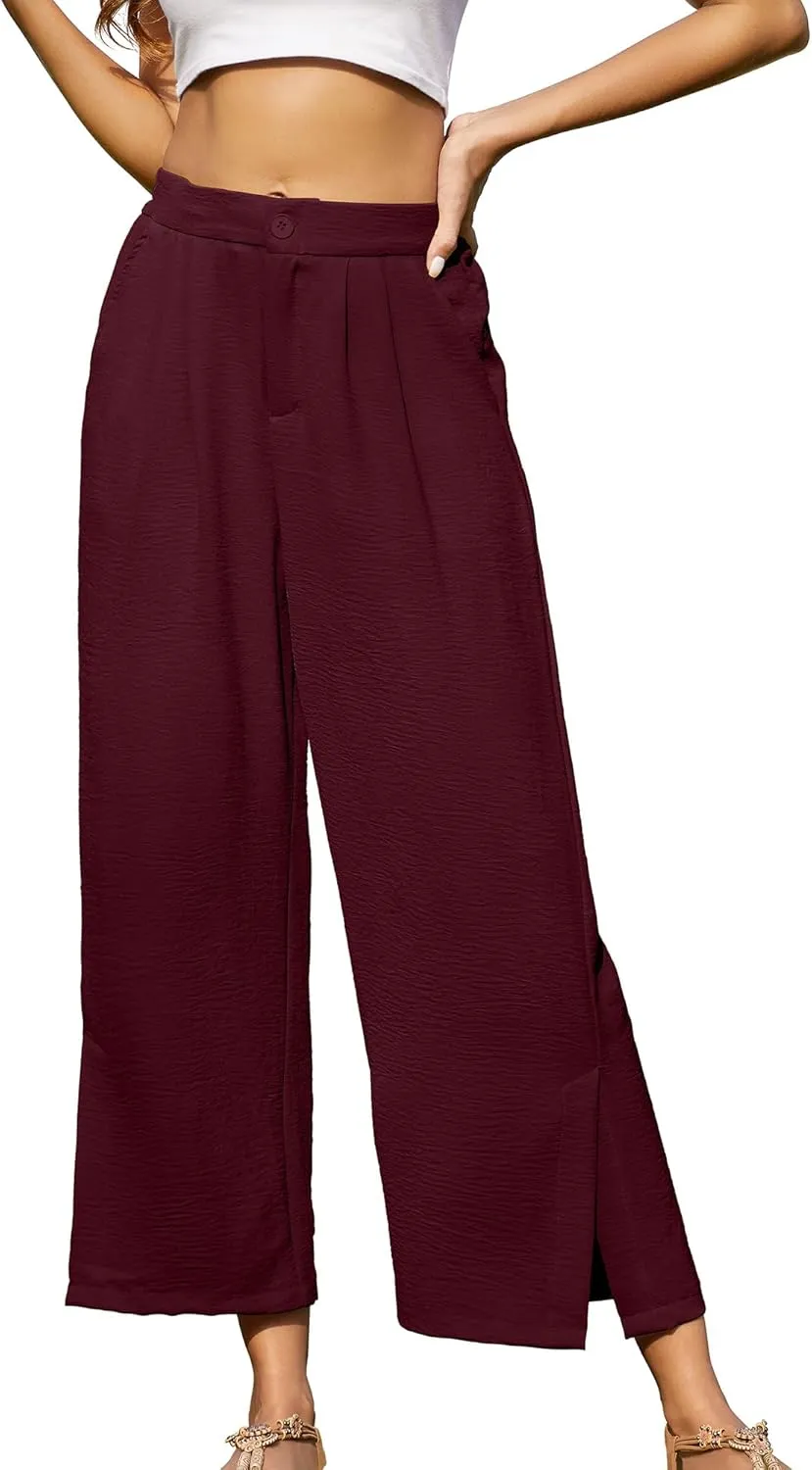 Women's Casual Wide Leg Pants Elastic High Waist Button Up Capri Palazzo Trousers with Pockets