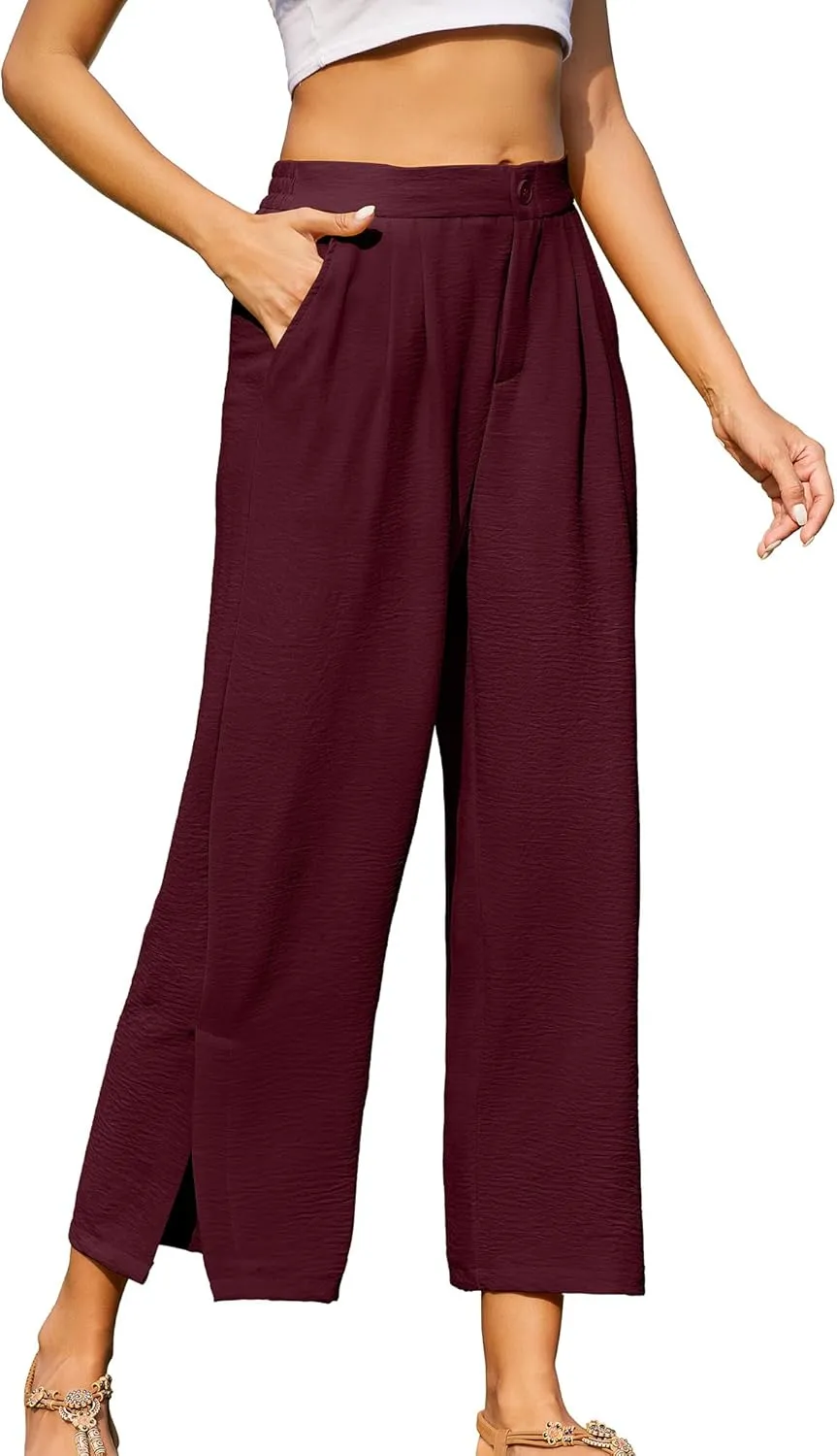 Women's Casual Wide Leg Pants Elastic High Waist Button Up Capri Palazzo Trousers with Pockets