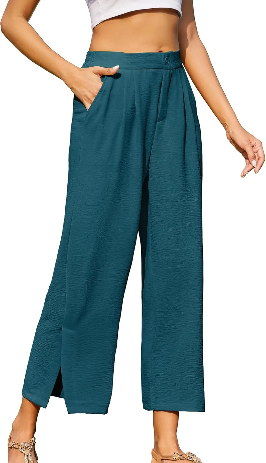 Women's Casual Wide Leg Pants Elastic High Waist Button Up Capri Palazzo Trousers with Pockets