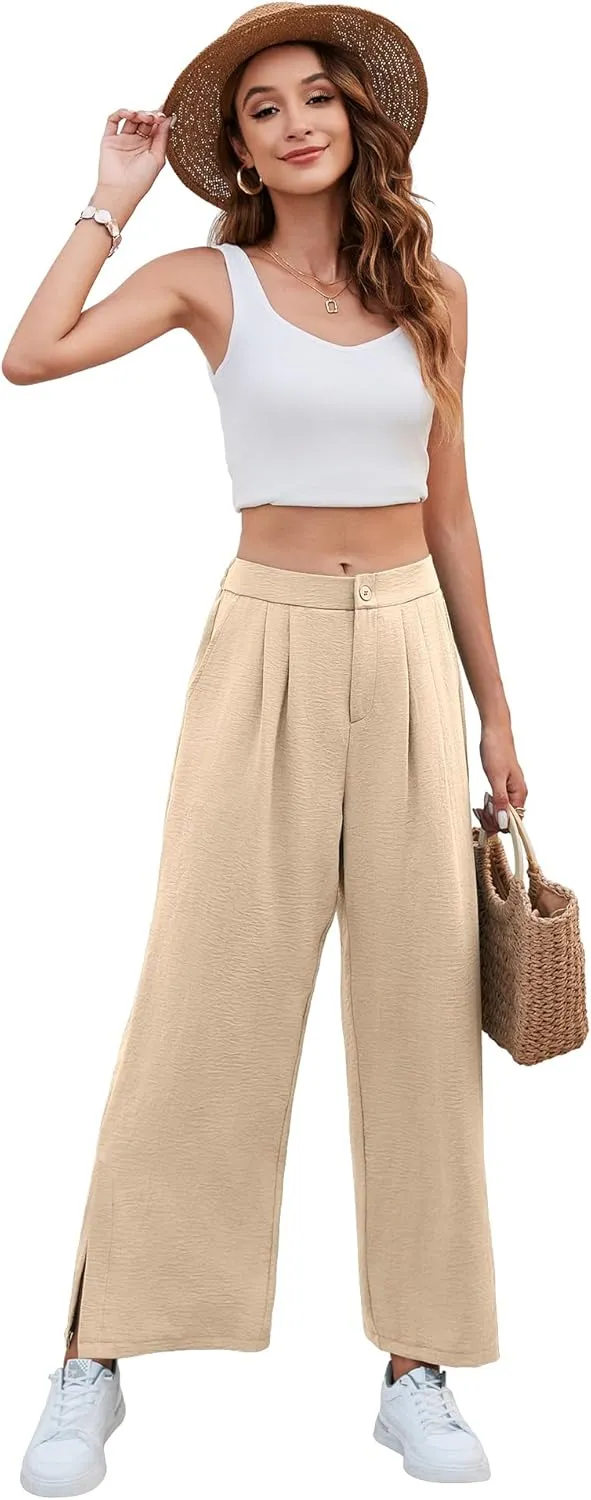 Women's Casual Wide Leg Pants Elastic High Waist Button Up Capri Palazzo Trousers with Pockets