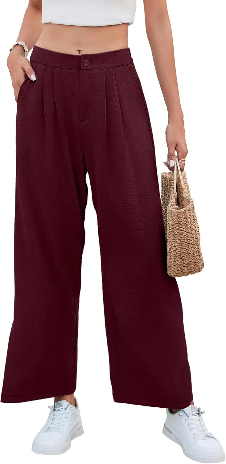 Women's Casual Wide Leg Pants Elastic High Waist Button Up Capri Palazzo Trousers with Pockets
