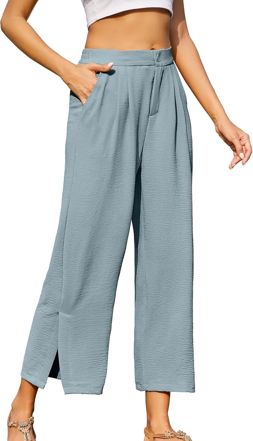 Women's Casual Wide Leg Pants Elastic High Waist Button Up Capri Palazzo Trousers with Pockets